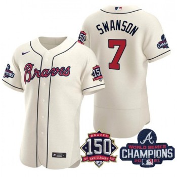 Men's Atlanta Braves #7 Dansby Swanson 2021 Cream World Series Champions With 150th Anniversary Flex Base Stitched Jersey Men's Atlanta Braves #7 Dansby Swanson 2021 Cream World Series Champions With 150th Anniversary Flex Base Stitched Jersey