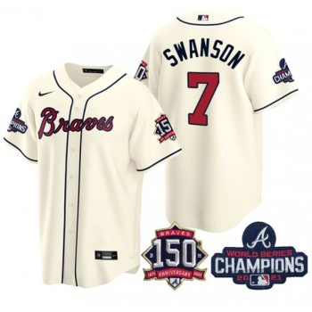 Men's Atlanta Braves #7 Dansby Swanson 2021 Cream World Series Champions With 150th Anniversary Patch Cool Base Stitched Jersey Men's Atlanta Braves #7 Dansby Swanson 2021 Cream World Series Champions With 150th Anniversary Patch Cool Base Stitched Jersey
