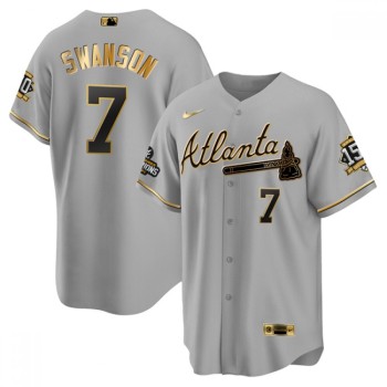 Men's Atlanta Braves #7 Dansby Swanson 2021 Grey/Gold World Series Champions With 150th Anniversary Patch Cool Base Stitched Jersey Men's Atlanta Braves #7 Dansby Swanson 2021 Grey/Gold World Series Champions With 150th Anniversary Patch Cool Base Stitched Jersey