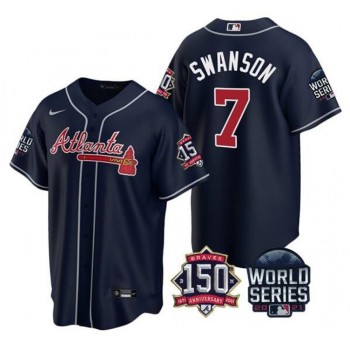 Men's Atlanta Braves #7 Dansby Swanson 2021 Navy World Series With 150th Anniversary Patch Cool Base Stitched Jersey Men's Atlanta Braves #7 Dansby Swanson 2021 Navy World Series With 150th Anniversary Patch Cool Base Stitched Jersey