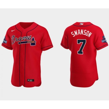 Men's Atlanta Braves #7 Dansby Swanson 2021 Red World Series Champions Flex Base Stitched Jersey Men's Atlanta Braves #7 Dansby Swanson 2021 Red World Series Champions Flex Base Stitched Jersey