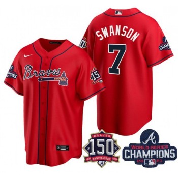 Men's Atlanta Braves #7 Dansby Swanson 2021 Red World Series Champions With 150th Anniversary Patch Cool Base Stitched Jersey Men's Atlanta Braves #7 Dansby Swanson 2021 Red World Series Champions With 150th Anniversary Patch Cool Base Stitched Jersey