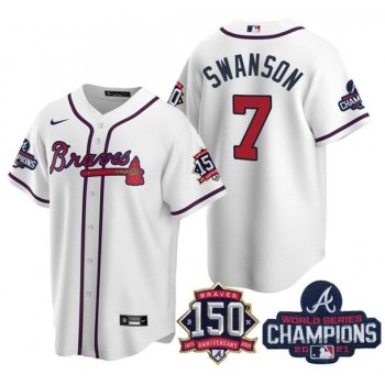 Men's Atlanta Braves #7 Dansby Swanson 2021 White World Series Champions With 150th Anniversary Patch Cool Base Stitched Jersey Men's Atlanta Braves #7 Dansby Swanson 2021 White World Series Champions With 150th Anniversary Patch Cool Base Stitched Jersey