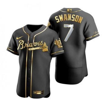 Men's Atlanta Braves #7 Dansby Swanson Black Golden Flex Base Stitched Jersey Men's Atlanta Braves #7 Dansby Swanson Black Golden Flex Base Stitched Jersey
