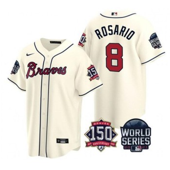 Men's Atlanta Braves #8 Eddie Rosario 2021 Cream World Series With 150th Anniversary Patch Cool Base Stitched Jersey Men's Atlanta Braves #8 Eddie Rosario 2021 Cream World Series With 150th Anniversary Patch Cool Base Stitched Jersey
