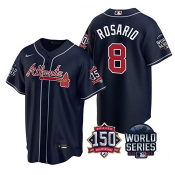 Men's Atlanta Braves #8 Eddie Rosario 2021 Navy World Series With 150th Anniversary Patch Cool Base Stitched Jersey Men's Atlanta Braves #8 Eddie Rosario 2021 Navy World Series With 150th Anniversary Patch Cool Base Stitched Jersey