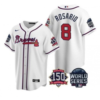 Men's Atlanta Braves #8 Eddie Rosario 2021 White World Series With 150th Anniversary Patch Cool Base Stitched Jersey Men's Atlanta Braves #8 Eddie Rosario 2021 White World Series With 150th Anniversary Patch Cool Base Stitched Jersey