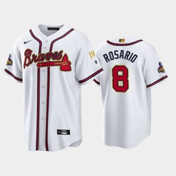 Men's Atlanta Braves #8 Eddie Rosario 2022 White/Gold World Series Champions Program Cool Base Stitched Baseball Jersey Men's Atlanta Braves #8 Eddie Rosario 2022 White/Gold World Series Champions Program Cool Base Stitched Baseball Jersey