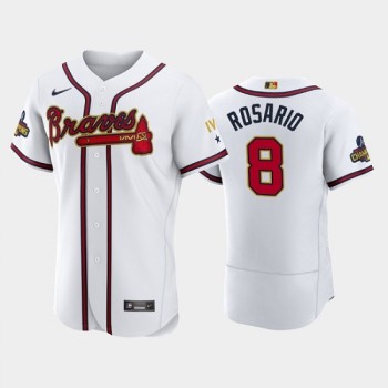 Men's Atlanta Braves #8 Eddie Rosario 2022 White/Gold World Series Champions Program Flex Base Stitched Baseball Jersey Men's Atlanta Braves #8 Eddie Rosario 2022 White/Gold World Series Champions Program Flex Base Stitched Baseball Jersey