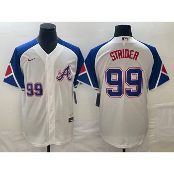 Men's Atlanta Braves #99 Spencer Strider White 2023 City Connect Cool Base With Patch Stitched Baseball Jersey Men's Atlanta Braves #99 Spencer Strider White 2023 City Connect Cool Base With Patch Stitched Baseball Jersey