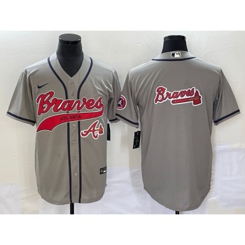 Men's Atlanta Braves Gray Team Big Logo Cool Base With Patch Stitched Baseball Jersey Men's Atlanta Braves Gray Team Big Logo Cool Base With Patch Stitched Baseball Jersey