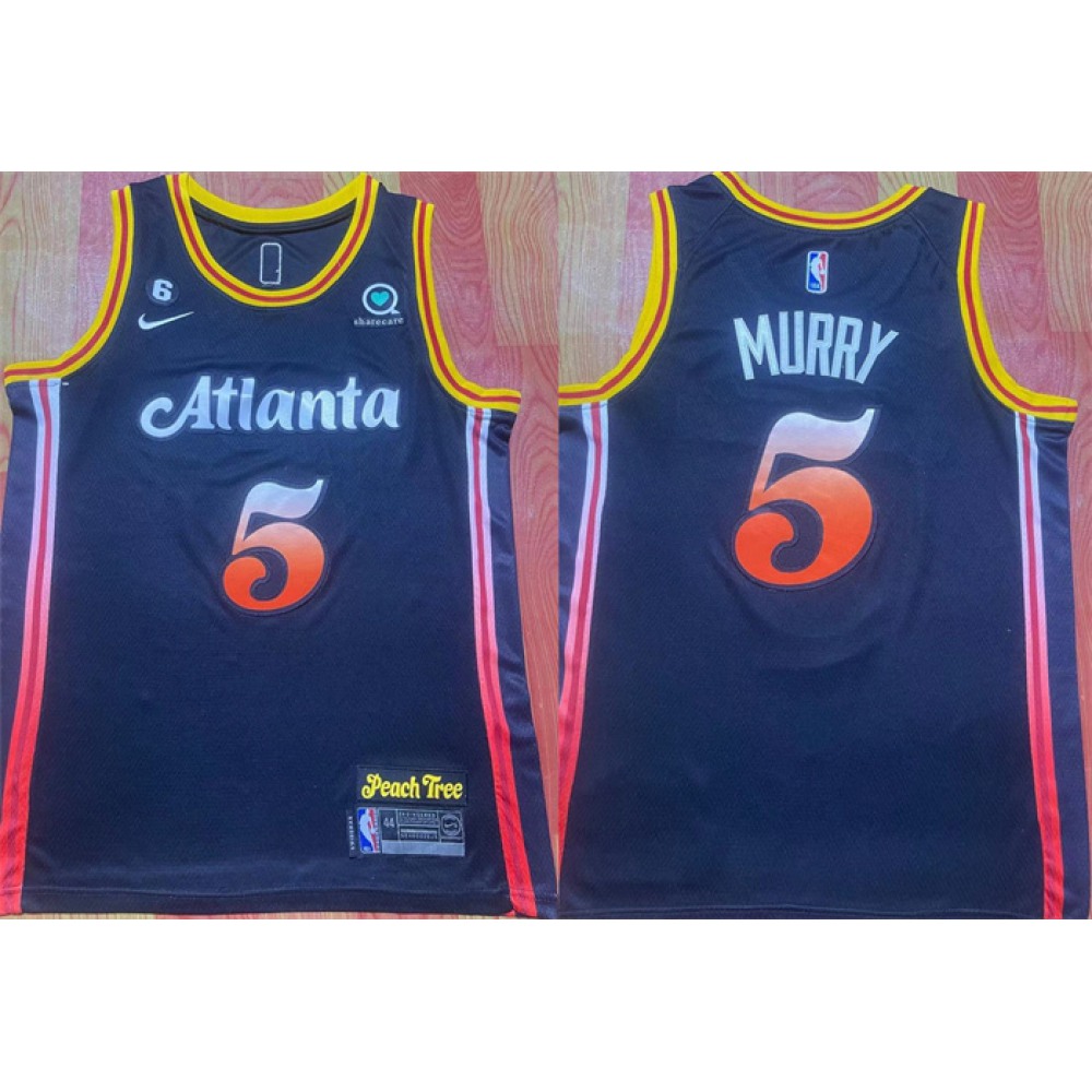 Men's Atlanta Hawks #5 Dejounte Murray Black 2022/23 City Edition With NO.6 Patch Stitched Jersey