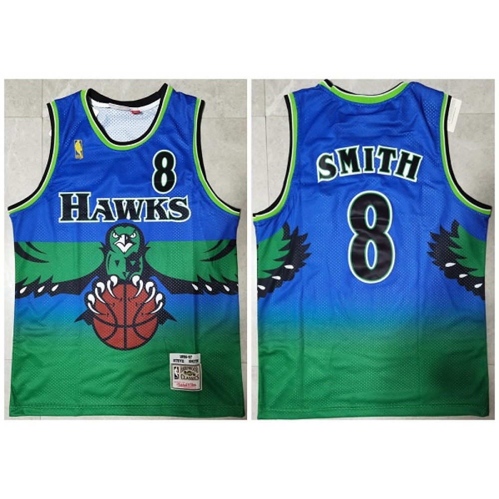 Men's Atlanta Hawks #8 Steve Smith Blue and Green 1996-97 Throwback Swingman Stitched Jersey