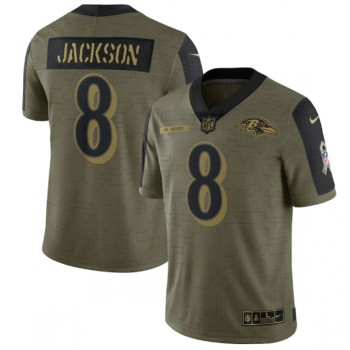 Men's Baltimore Ravens #8 Lamar Jackson 2021 Olive Salute To Service Limited Stitched Jersey Men's Baltimore Ravens #8 Lamar Jackson 2021 Olive Salute To Service Limited Stitched Jersey