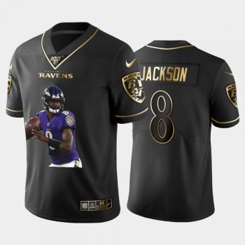 Men's Baltimore Ravens #8 Lamar Jackson Black Golden 100th Season Portrait Edition Limited Stitched Jersey Men's Baltimore Ravens #8 Lamar Jackson Black Golden 100th Season Portrait Edition Limited Stitched Jersey