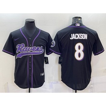 Men's Baltimore Ravens #8 Lamar Jackson Black With Patch Cool Base Stitched Baseball Jersey Men's Baltimore Ravens #8 Lamar Jackson Black With Patch Cool Base Stitched Baseball Jersey