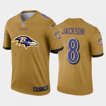 Men's Baltimore Ravens #8 Lamar Jackson Gold 2020 Team Big Logo Inverted Legend Stitched Jersey Men's Baltimore Ravens #8 Lamar Jackson Gold 2020 Team Big Logo Inverted Legend Stitched Jersey
