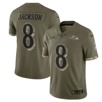 Men's Baltimore Ravens #8 Lamar Jackson Olive 2022 Salute To Service Limited Stitched Jersey Men's Baltimore Ravens #8 Lamar Jackson Olive 2022 Salute To Service Limited Stitched Jersey