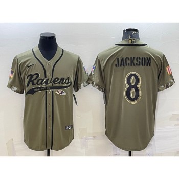 Men's Baltimore Ravens #8 Lamar Jackson Olive 2022 Salute to Service Cool Base Stitched Baseball Jersey Men's Baltimore Ravens #8 Lamar Jackson Olive 2022 Salute to Service Cool Base Stitched Baseball Jersey