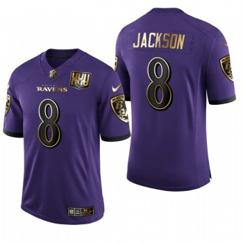 Men's Baltimore Ravens #8 Lamar Jackson Purple 2020 Golden Limited Stitched Jersey Men's Baltimore Ravens #8 Lamar Jackson Purple 2020 Golden Limited Stitched Jersey