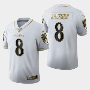 Men's Baltimore Ravens #8 Lamar Jackson White 2019 100th Season Golden Edition Limited Stitched NFL Jersey Men's Baltimore Ravens #8 Lamar Jackson White 2019 100th Season Golden Edition Limited Stitched NFL Jersey