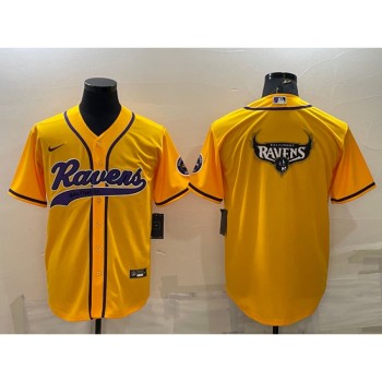 Men's Baltimore Ravens Yellow Team Big Logo With Patch Cool Base Stitched Baseball Jersey Men's Baltimore Ravens Yellow Team Big Logo With Patch Cool Base Stitched Baseball Jersey