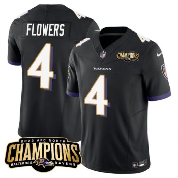 Men's Baltimore Ravens #4 Zay Flowers Black 2023 F.U.S.E. AFC North Champions Vapor Limited Football Jersey Men's Baltimore Ravens #4 Zay Flowers Black 2023 F.U.S.E. AFC North Champions Vapor Limited Football Jersey