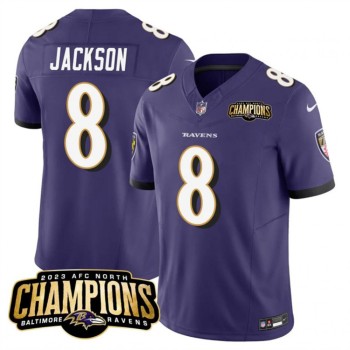 Men's Baltimore Ravens #8 Lamar Jackson Purple 2023 F.U.S.E. AFC North Champions Vapor Limited Football Jersey Men's Baltimore Ravens #8 Lamar Jackson Purple 2023 F.U.S.E. AFC North Champions Vapor Limited Football Jersey