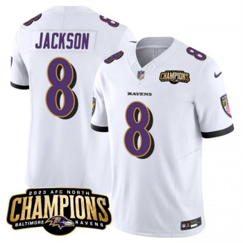 Men's Baltimore Ravens #8 Lamar Jackson White 2023 F.U.S.E. AFC North Champions Vapor Limited Football Jersey Men's Baltimore Ravens #8 Lamar Jackson White 2023 F.U.S.E. AFC North Champions Vapor Limited Football Jersey