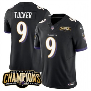 Men's Baltimore Ravens #9 Justin Tucker Black 2023 F.U.S.E. AFC North Champions Vapor Limited Football Jersey Men's Baltimore Ravens #9 Justin Tucker Black 2023 F.U.S.E. AFC North Champions Vapor Limited Football Jersey