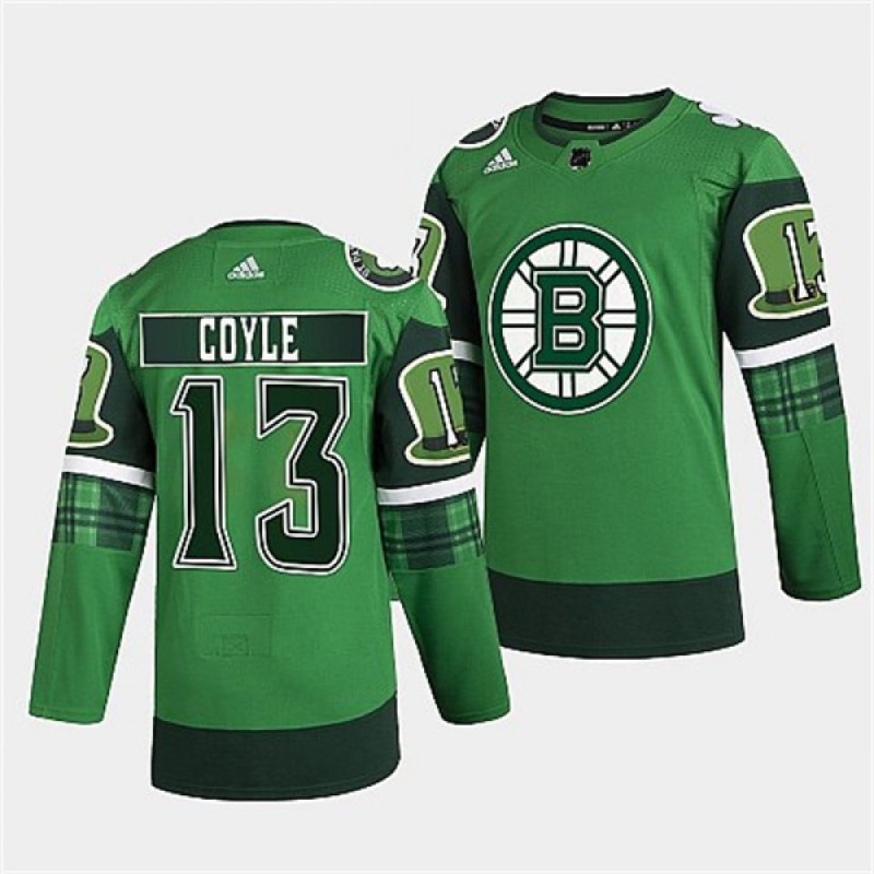 Men's Boston Bruins #13 Charlie Coyle 2022 Green St Patricks Day Warm-Up Stitched Jersey Men's Boston Bruins #13 Charlie Coyle 2022 Green St Patricks Day Warm-Up Stitched Jersey