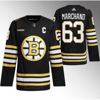 Men's Boston Bruins #63 Brad Marchand Black With Rapid7 Patch 100th Anniversary Stitched Jersey Men's Boston Bruins #63 Brad Marchand Black With Rapid7 Patch 100th Anniversary Stitched Jersey