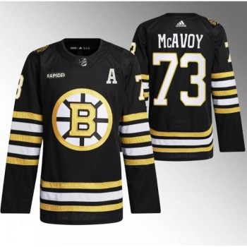 Men's Boston Bruins #73 Charlie McAvoy Black With Rapid7 Patch 100th Anniversary Stitched Jersey Men's Boston Bruins #73 Charlie McAvoy Black With Rapid7 Patch 100th Anniversary Stitched Jersey