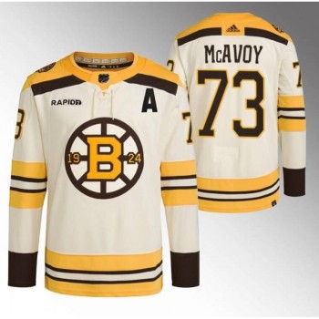 Men's Boston Bruins #73 Charlie McAvoy Cream With Rapid7 Patch 100th Anniversary Stitched Jersey Men's Boston Bruins #73 Charlie McAvoy Cream With Rapid7 Patch 100th Anniversary Stitched Jersey