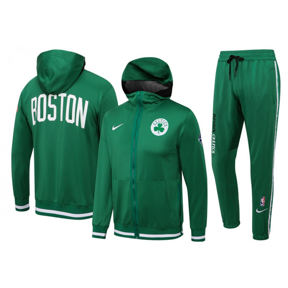 Men's Boston Celtics 75th Anniversary Green Performance Showtime Full-Zip Hoodie Jacket And Pants  Suit