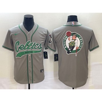 Men's Boston Celtics Gray Team Big Logo With Patch Stitched Baseball Jersey Men's Boston Celtics Gray Team Big Logo With Patch Stitched Baseball Jersey