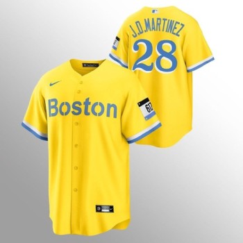 Men's Boston Red Sox #28 J.D. Martinez Gold 2021 City Connect Stitched Baseball Jersey Men's Boston Red Sox #28 J.D. Martinez Gold 2021 City Connect Stitched Baseball Jersey