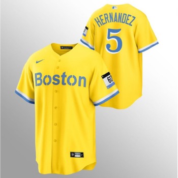 Men's Boston Red Sox #5 Enrique Hernandez Gold 2021 City Connect Stitched MLB Jersey Men's Boston Red Sox #5 Enrique Hernandez Gold 2021 City Connect Stitched MLB Jersey