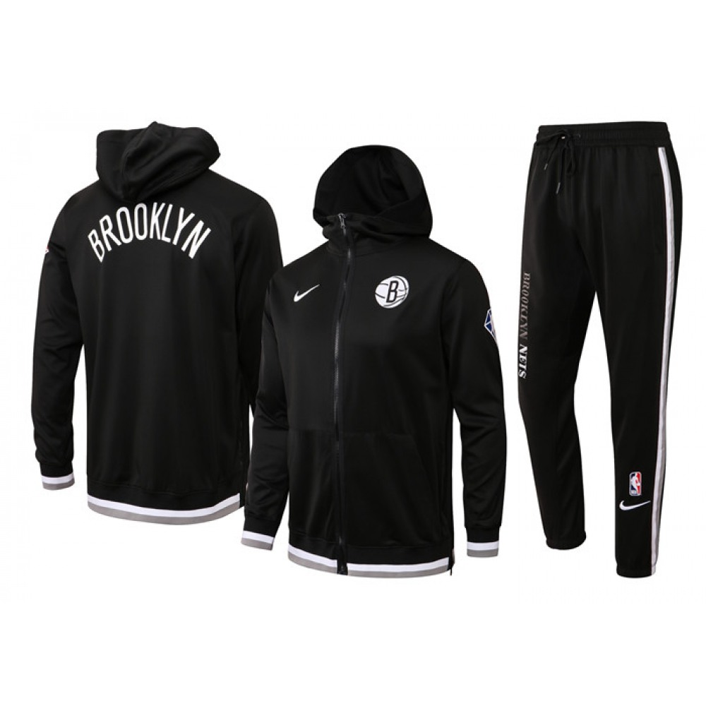 Men's Brooklyn Nets 75th Anniversary Black Performance Showtime Full-Zip Hoodie Jacket And Pants  Suit