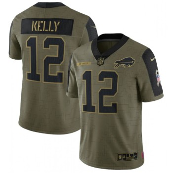 Men's Buffalo Bills #12 Jim Kelly 2021 Olive Salute To Service Limited Stitched Jersey Men's Buffalo Bills #12 Jim Kelly 2021 Olive Salute To Service Limited Stitched Jersey
