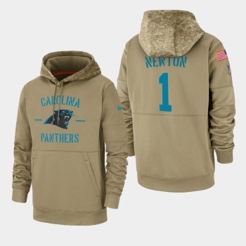 Men's Carolina Panthers #1 Cam Newton Tan 2019 Salute to Service Sideline Therma Pullover Hoodie Men's Carolina Panthers #1 Cam Newton Tan 2019 Salute to Service Sideline Therma Pullover Hoodie