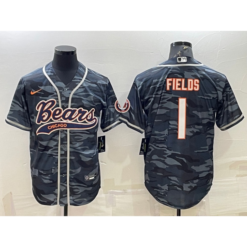 Men's Chicago Bears #1 Justin Fields Grey Camo With Patch Cool Base Stitched Baseball Jersey 001