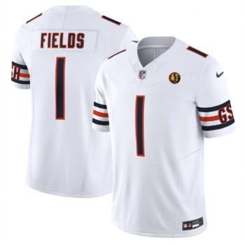 Men's Chicago Bears #1 Justin Fields White 2023 F.U.S.E. With John Madden Patch Vapor Limited Stitched Football Jersey Men's Chicago Bears #1 Justin Fields White 2023 F.U.S.E. With John Madden Patch Vapor Limited Stitched Football Jersey