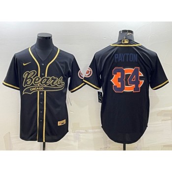 Men's Chicago Bears #34 Walter Payton Black Gold Team Big Logo With Patch Cool Base Stitched Baseball Jersey Men's Chicago Bears #34 Walter Payton Black Gold Team Big Logo With Patch Cool Base Stitched Baseball Jersey