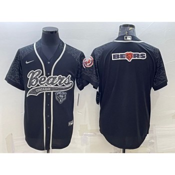 Men's Chicago Bears Black Reflective Team Big Logo With Patch Cool Base Stitched Baseball Jersey Men's Chicago Bears Black Reflective Team Big Logo With Patch Cool Base Stitched Baseball Jersey