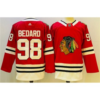 Men's Chicago Blackhawks #98 Connor Bedard Red Black Stitched Jersey Men's Chicago Blackhawks #98 Connor Bedard Red Black Stitched Jersey