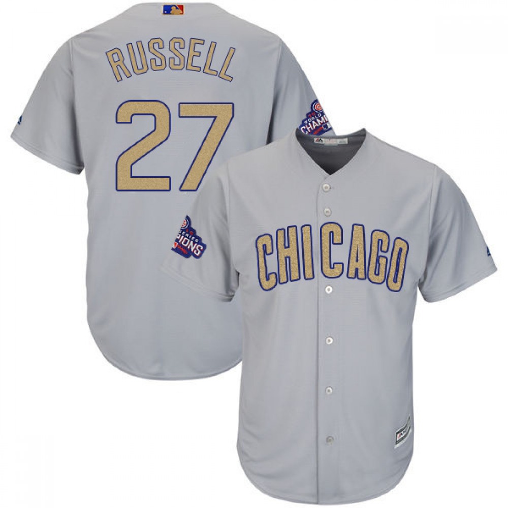 Youth Chicago Cubs #27 Addison Russell World Series Champions Grey Program Cool Base Stitched MLB Jersey