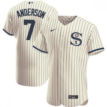 Men's Chicago White Sox #7 Tim Anderson 2021 Cream/Navy Field of Dreams Name&Number Flex Base Stitched Jersey Men's Chicago White Sox #7 Tim Anderson 2021 Cream/Navy Field of Dreams Name&Number Flex Base Stitched Jersey