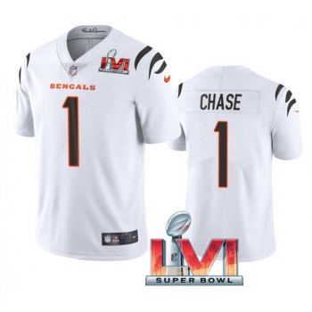 Men's Cincinnati Bengals #1 Ja'Marr Chase 2022 White Super Bowl LVI Vapor Limited Stitched Jersey Men's Cincinnati Bengals #1 Ja'Marr Chase 2022 White Super Bowl LVI Vapor Limited Stitched Jersey