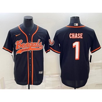 Men's Cincinnati Bengals #1 Ja'Marr Chase Black With Patch Cool Base Stitched Baseball Jersey Men's Cincinnati Bengals #1 Ja'Marr Chase Black With Patch Cool Base Stitched Baseball Jersey